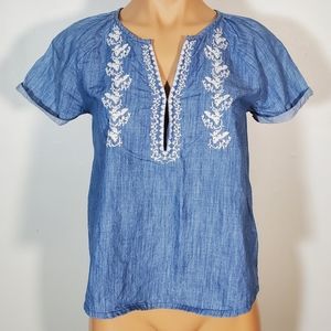 Forever 21 Blue Cotton Chambray Embroidered Top